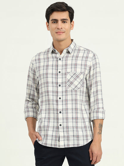Cream & Blue Checked Slim Fit Casual Shirt | Greenfibre