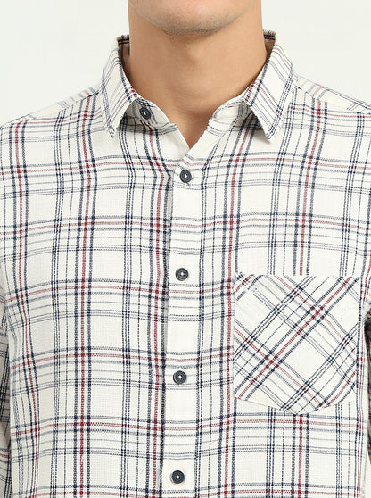 Cream & Blue Checked Slim Fit Casual Shirt | Greenfibre