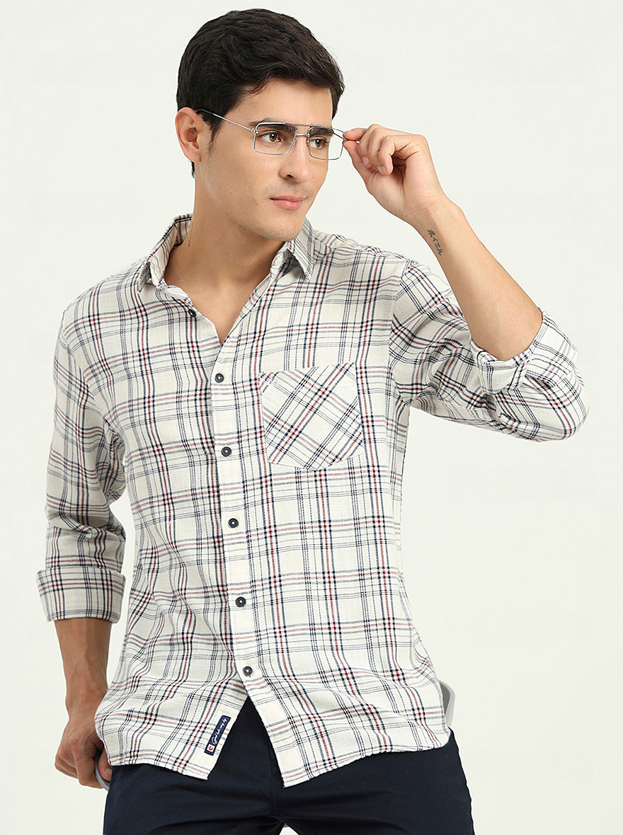 Cream & Blue Checked Slim Fit Casual Shirt | Greenfibre