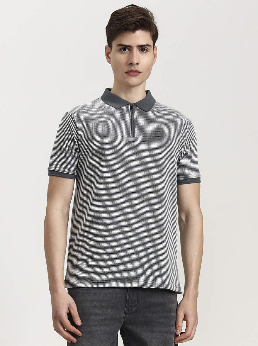 Grey & White Checked Slim Fit Polo T-Shirt | Greenfibre