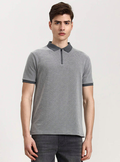 Grey & White Checked Slim Fit Polo T-Shirt | Greenfibre
