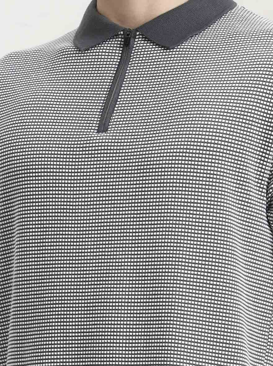Grey & White Checked Slim Fit Polo T-Shirt | Greenfibre