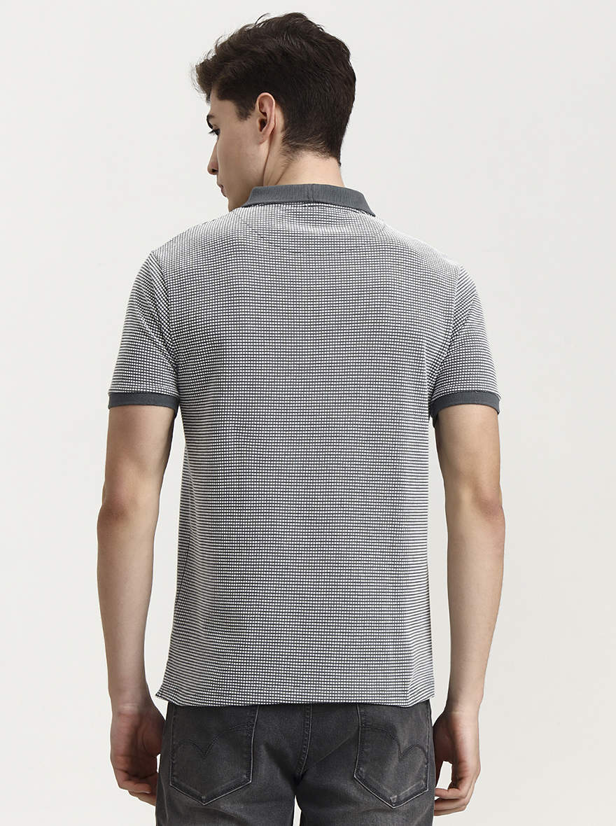 Grey & White Checked Slim Fit Polo T-Shirt | Greenfibre