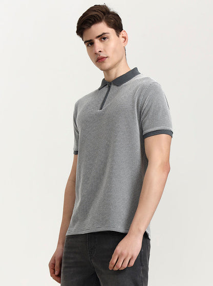 Grey & White Checked Slim Fit Polo T-Shirt | Greenfibre