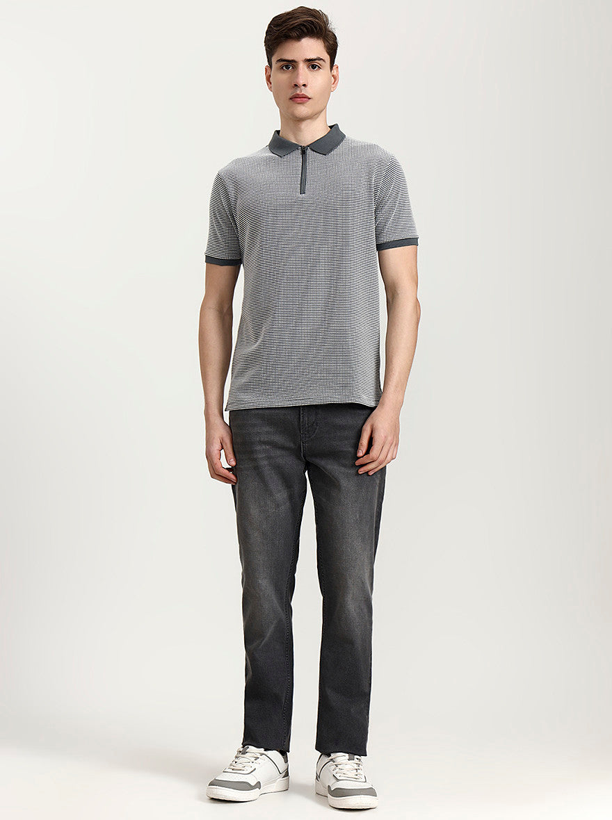 Grey & White Checked Slim Fit Polo T-Shirt | Greenfibre