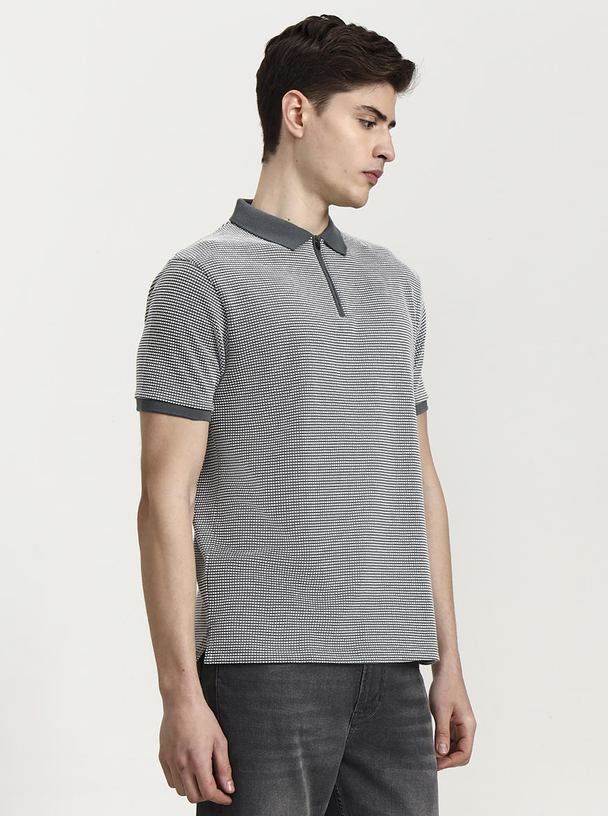 Grey & White Checked Slim Fit Polo T-Shirt | Greenfibre
