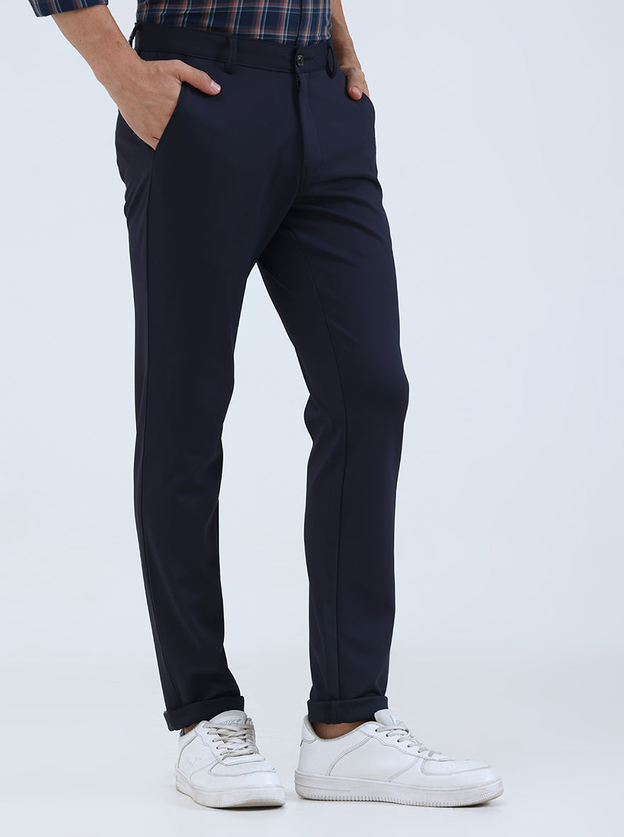 Navy Blue Solid Slim Fit Club Wear Trouser | JB Studio