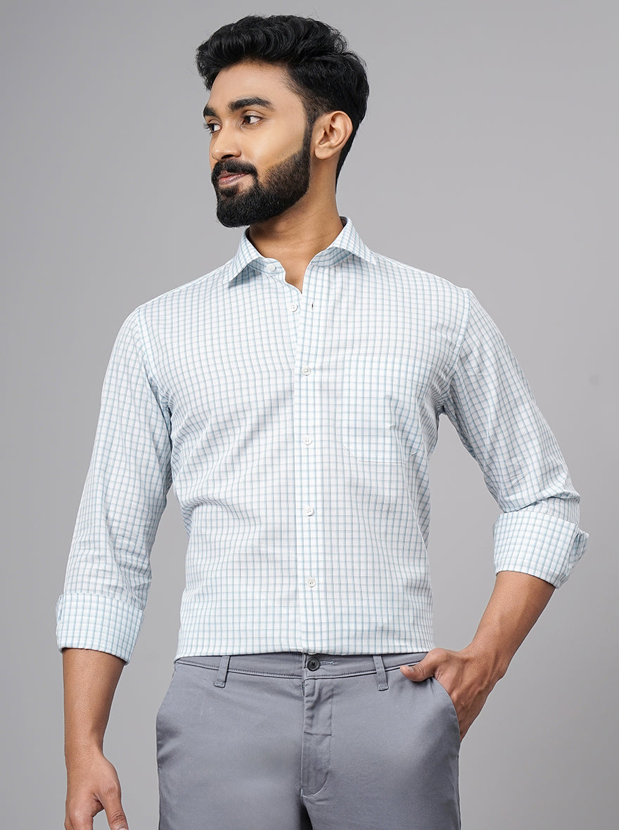 Light Blue Checked Slim Fit Formal Shirt | JadeBlue Super Luxe