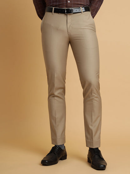 Beige Solid Slim Fit Formal Trouser | Metal