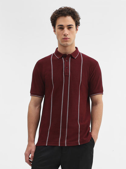 Maroon Striped Slim Fit Polo T-Shirt | JadeBlue
