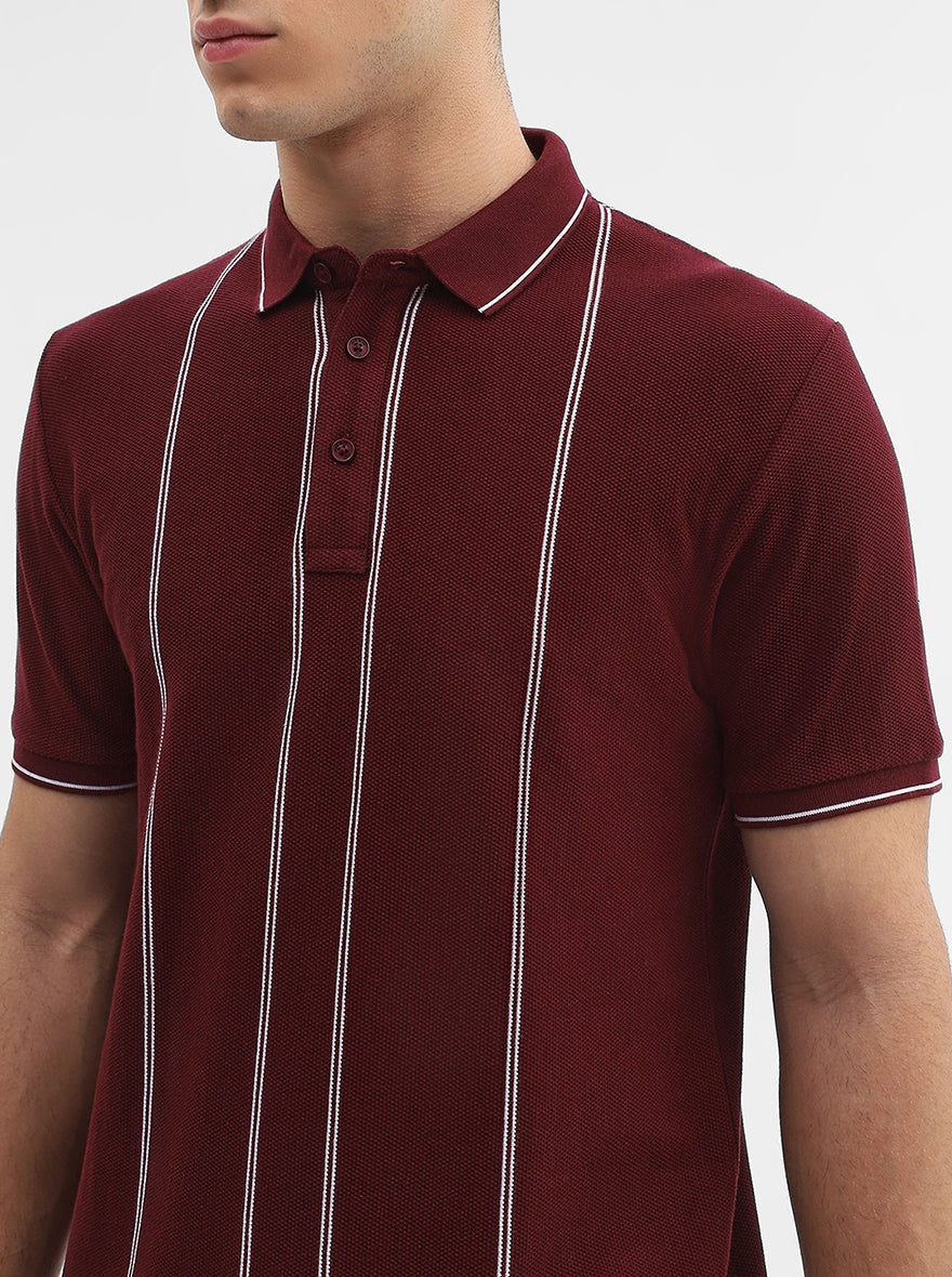 Maroon Striped Slim Fit Polo T-Shirt | JadeBlue