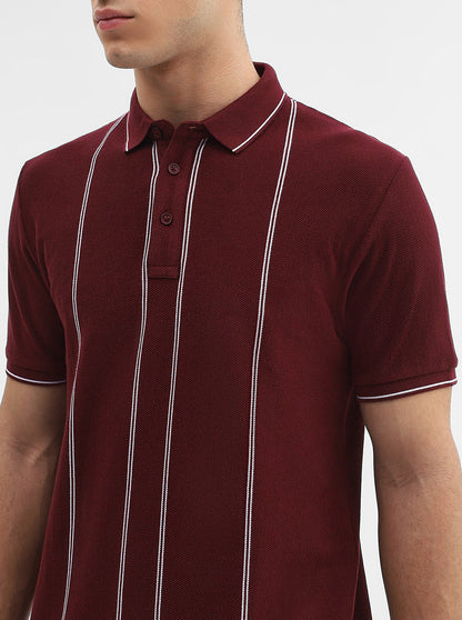 Maroon Striped Slim Fit Polo T-Shirt | JadeBlue