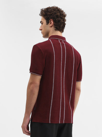 Maroon Striped Slim Fit Polo T-Shirt | JadeBlue