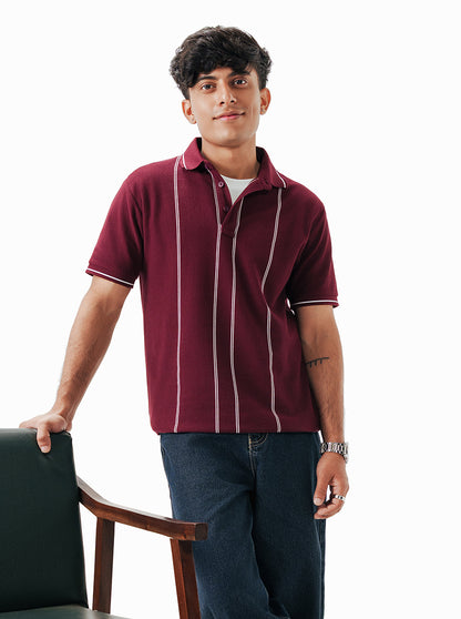 Maroon Striped Slim Fit Polo T-Shirt | JadeBlue