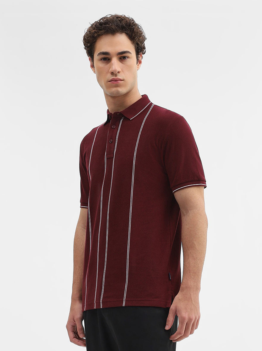 Maroon Striped Slim Fit Polo T-Shirt | JadeBlue
