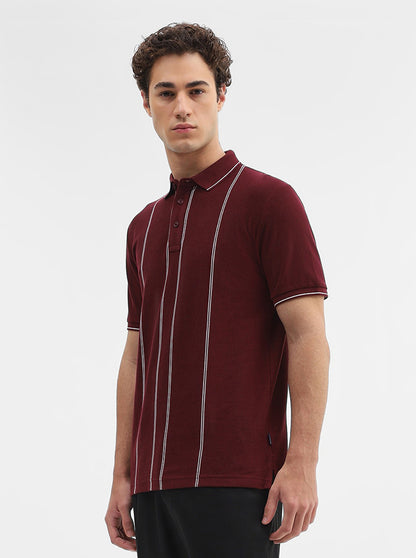 Maroon Striped Slim Fit Polo T-Shirt | JadeBlue