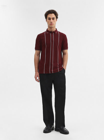 Maroon Striped Slim Fit Polo T-Shirt | JadeBlue
