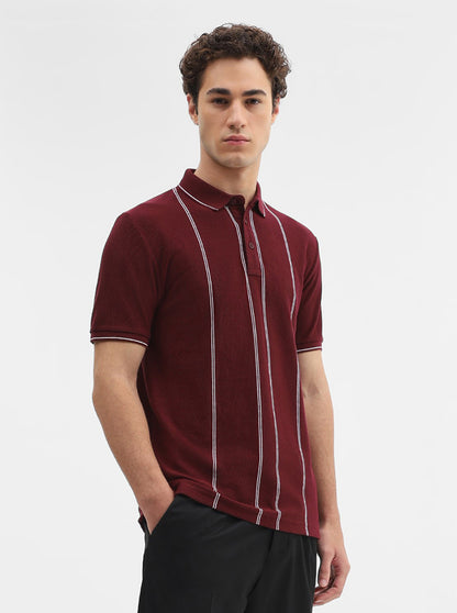 Maroon Striped Slim Fit Polo T-Shirt | JadeBlue