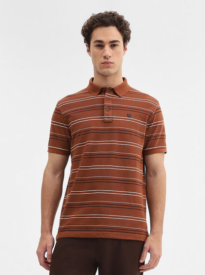 Brick Red Striped Slim Fit Polo T-Shirt | JadeBlue