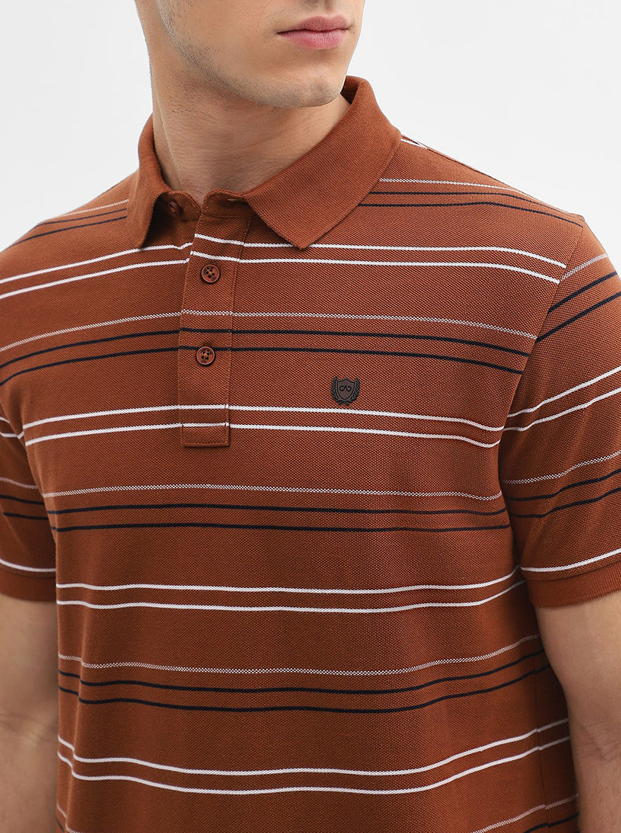Brick Red Striped Slim Fit Polo T-Shirt | JadeBlue