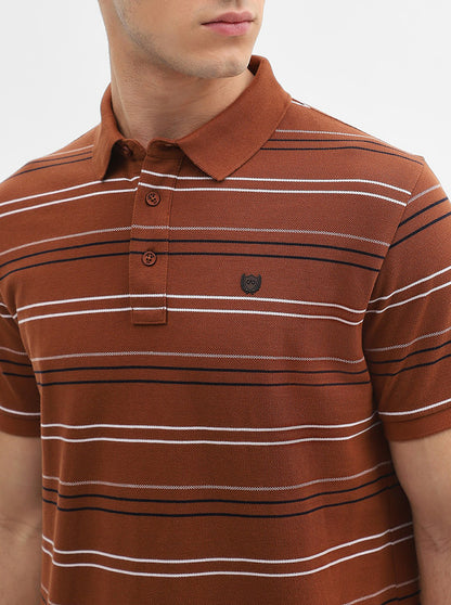 Brick Red Striped Slim Fit Polo T-Shirt | JadeBlue