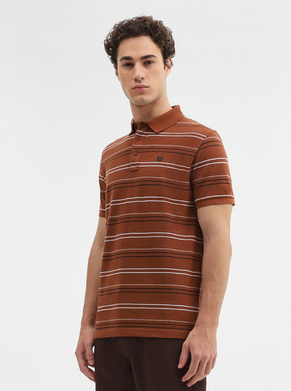 Brick Red Striped Slim Fit Polo T-Shirt | JadeBlue