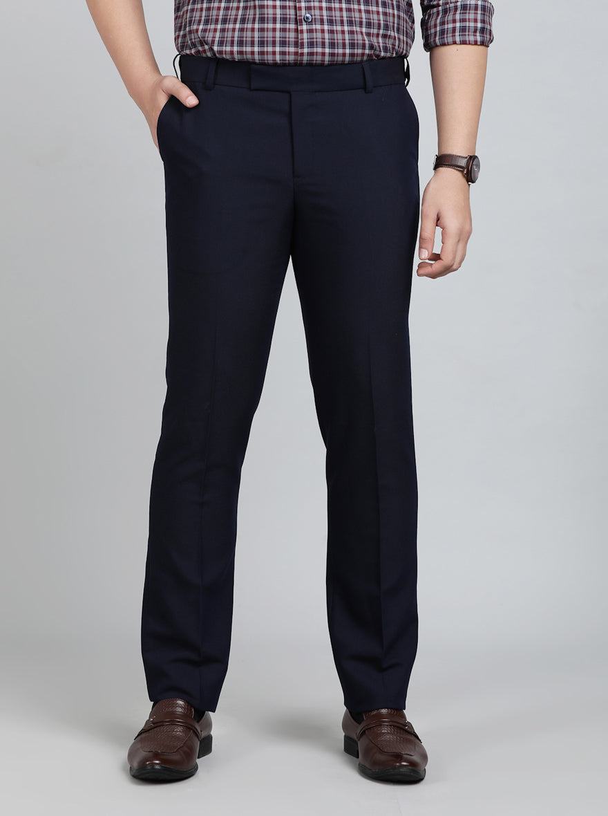 Navy Blue Solid Slim Fit Formal Trouser | Metal