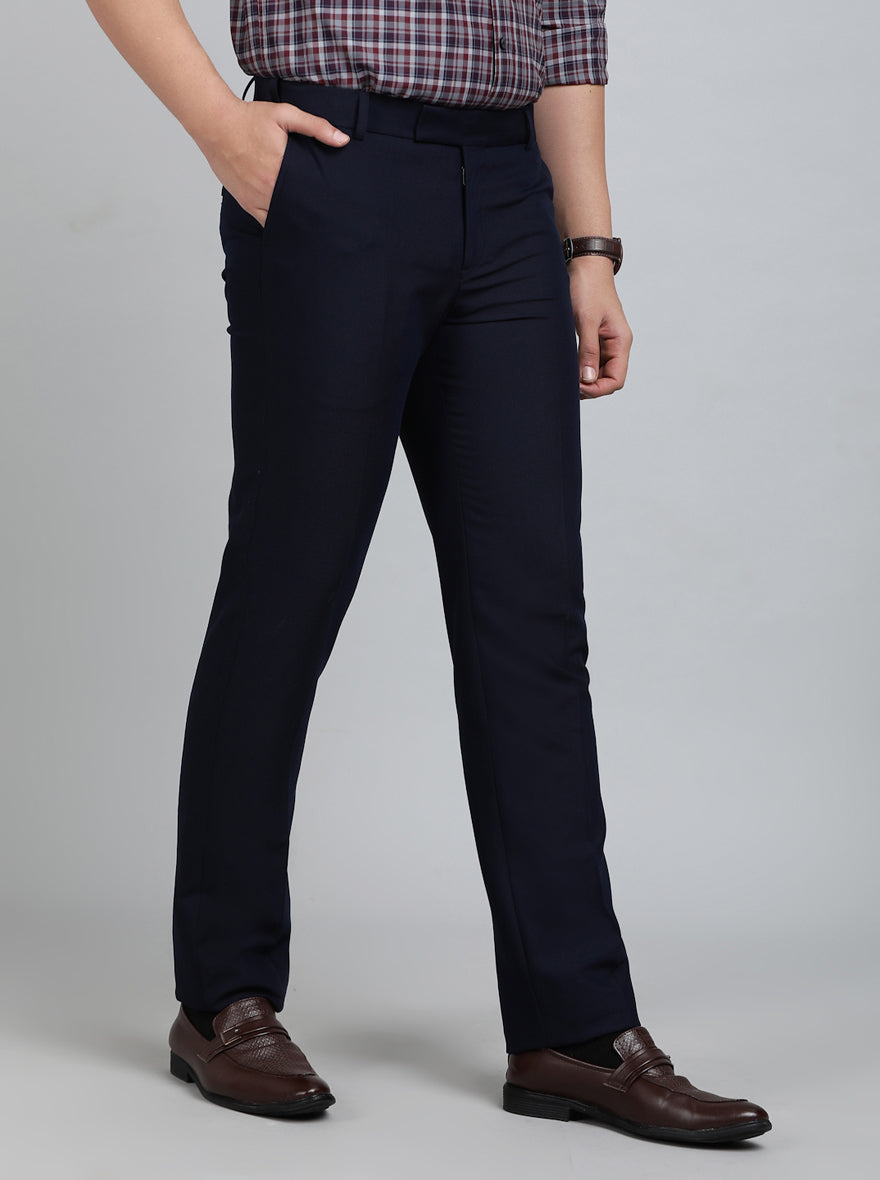 Navy Blue Solid Slim Fit Formal Trouser | Metal