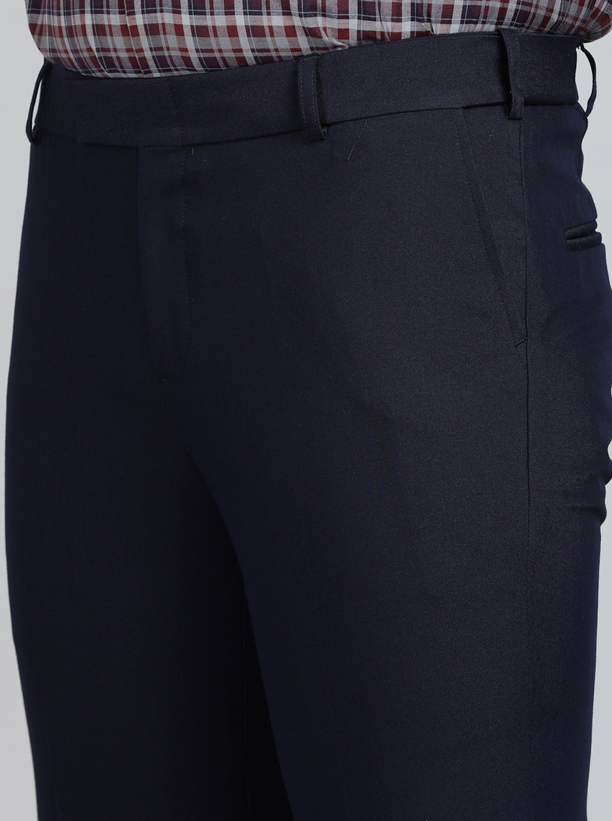 Navy Blue Solid Slim Fit Formal Trouser | Metal