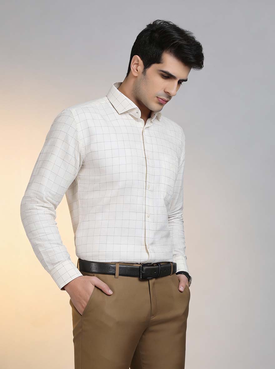 Light Yellow Checked Slim Fit Formal Shirt | Greenfibre
