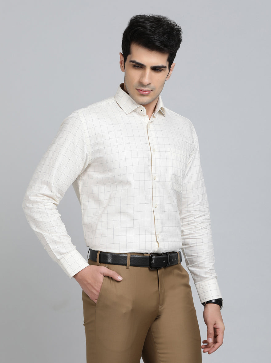 Light Yellow Checked Slim Fit Formal Shirt | Greenfibre