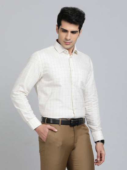 Light Yellow Checked Slim Fit Formal Shirt | Greenfibre