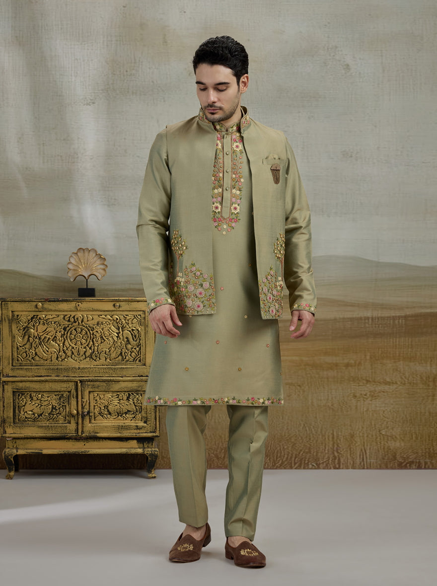 Green Embroidered Kurta Pajama with Koti | TULA