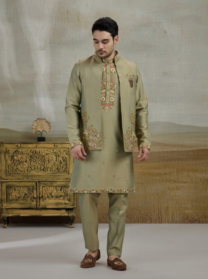Green Embroidered Kurta Pajama with Koti | TULA