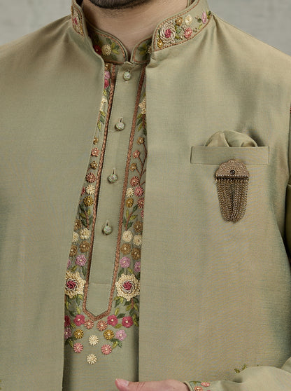 Green Embroidered Kurta Pajama with Koti | TULA
