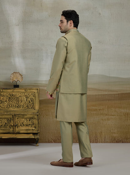 Green Embroidered Kurta Pajama with Koti | TULA
