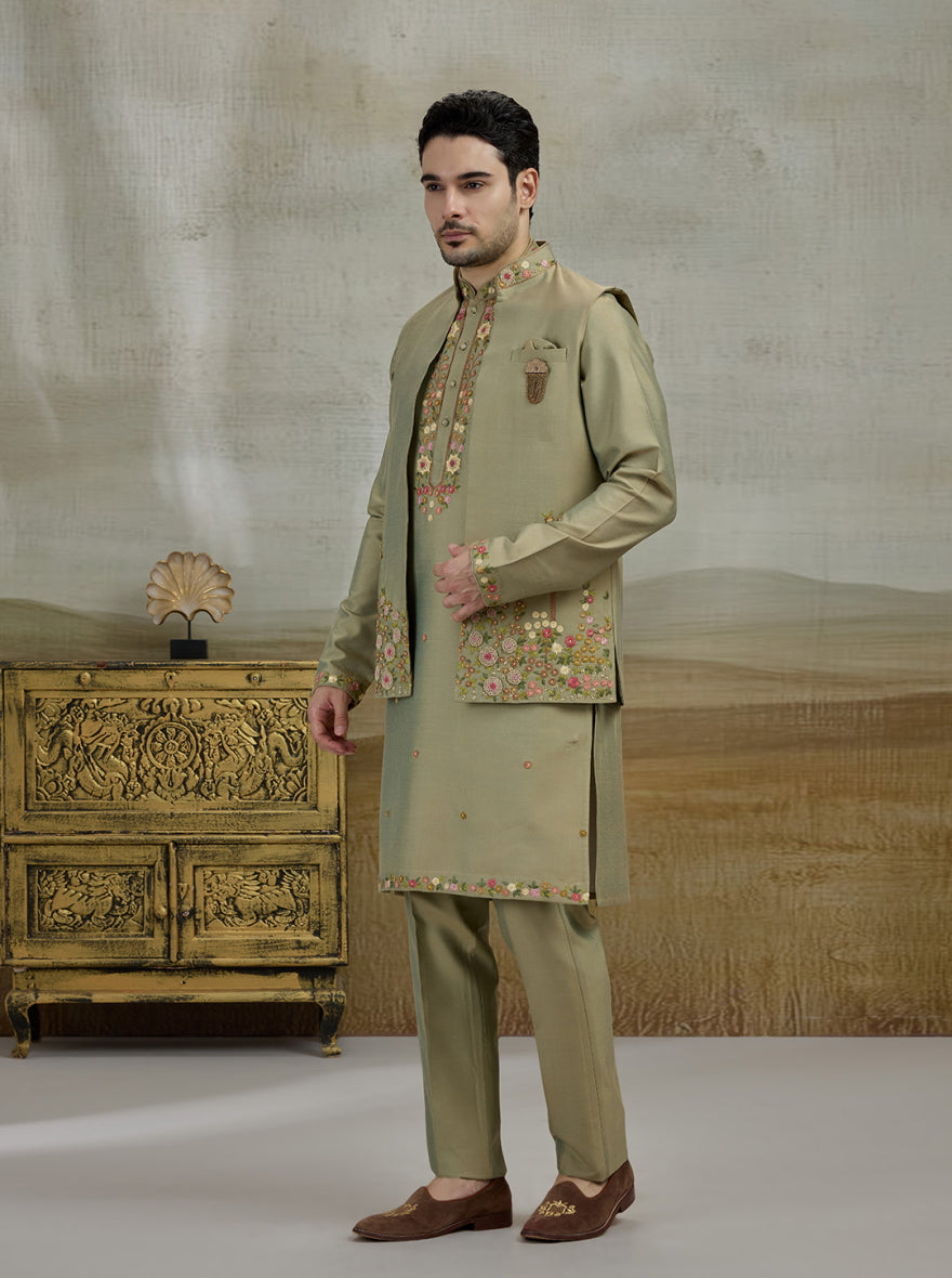 Green Embroidered Kurta Pajama with Koti | TULA