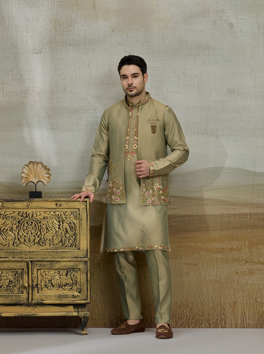 Green Embroidered Kurta Pajama with Koti | TULA