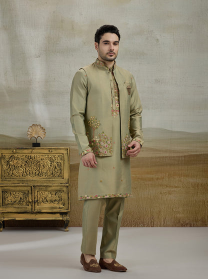 Green Embroidered Kurta Pajama with Koti | TULA