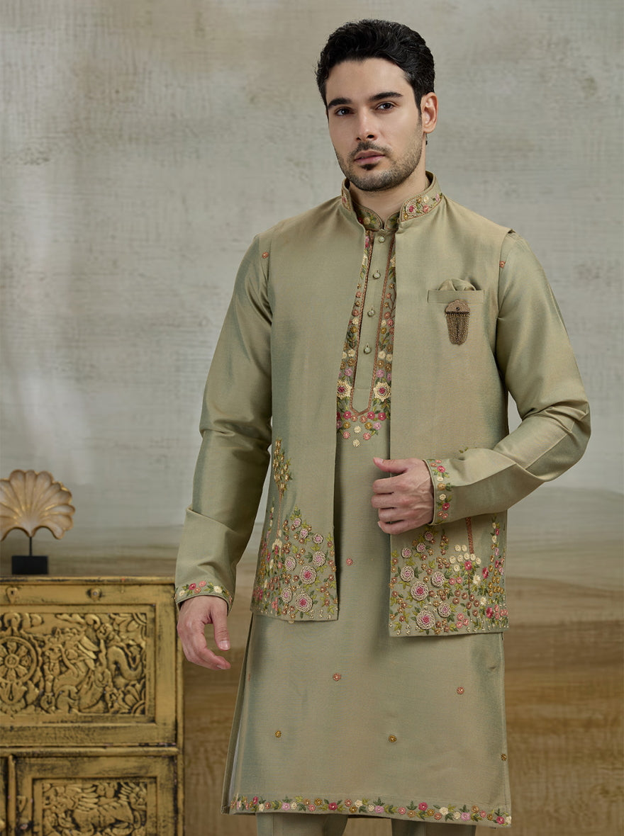 Green Embroidered Kurta Pajama with Koti | TULA