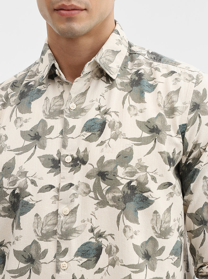 Green & Beige Printed Slim Fit Casual Shirt | JadeBlue
