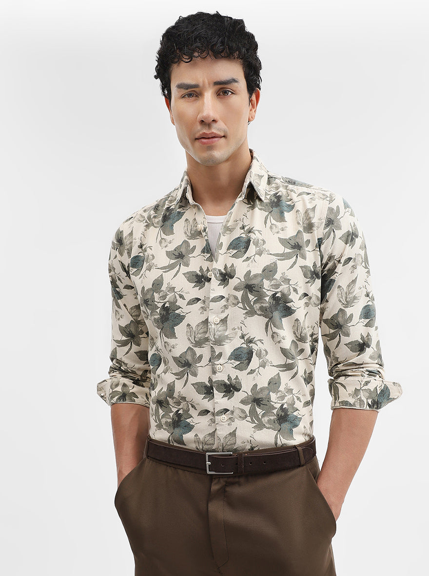 Green & Beige Printed Slim Fit Casual Shirt | JadeBlue