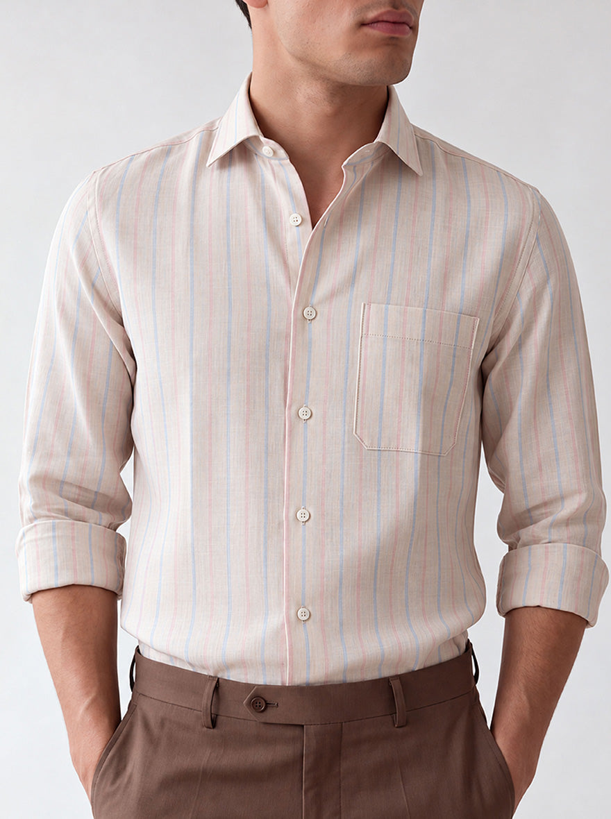 Natural & Blue Striped Slim Fit Formal Shirt | JadeBlue