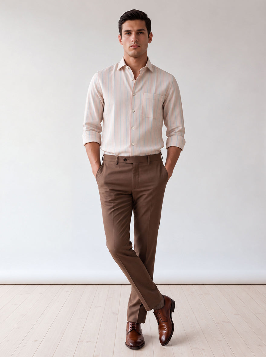 Natural & Blue Striped Slim Fit Formal Shirt | JadeBlue