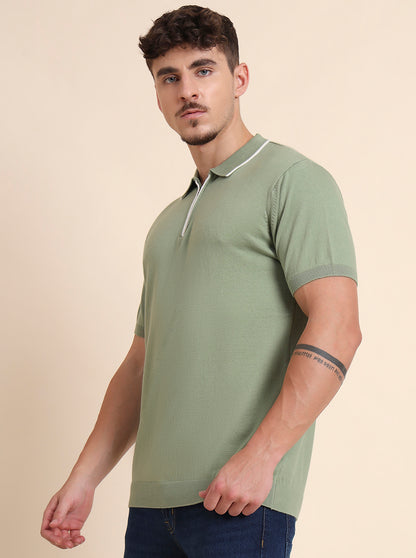 Green Solid Slim Fit Polo T-Shirt | JadeBlue