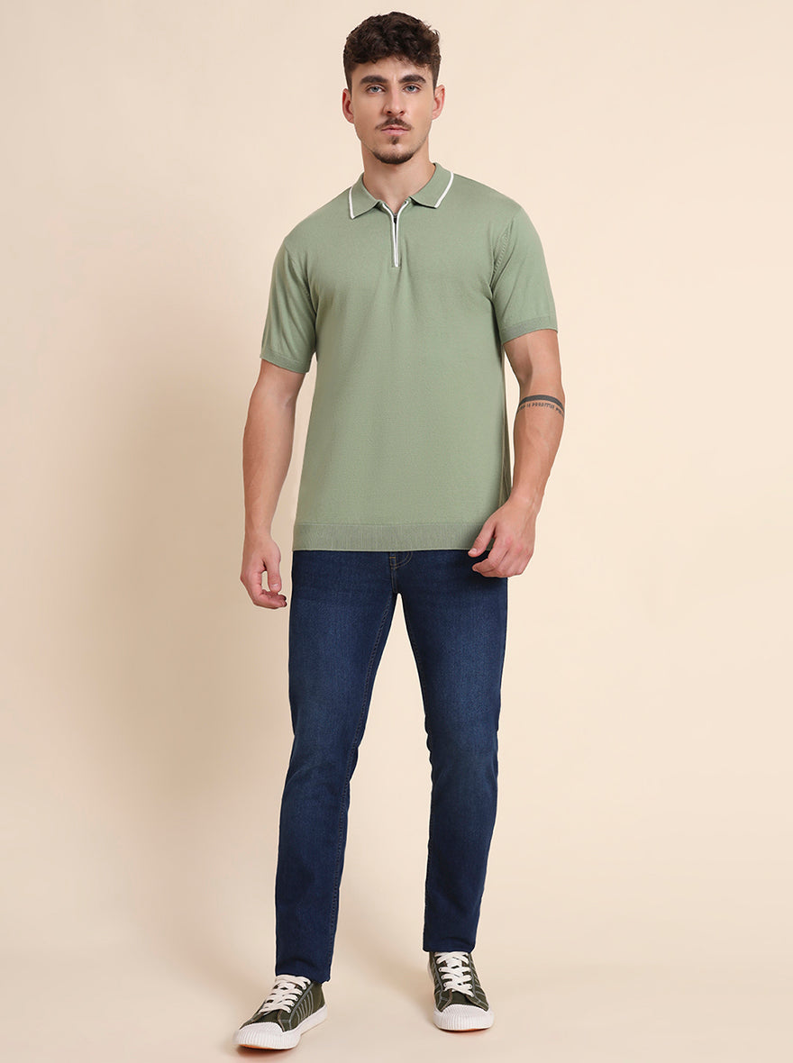 Green Solid Slim Fit Polo T-Shirt | JadeBlue
