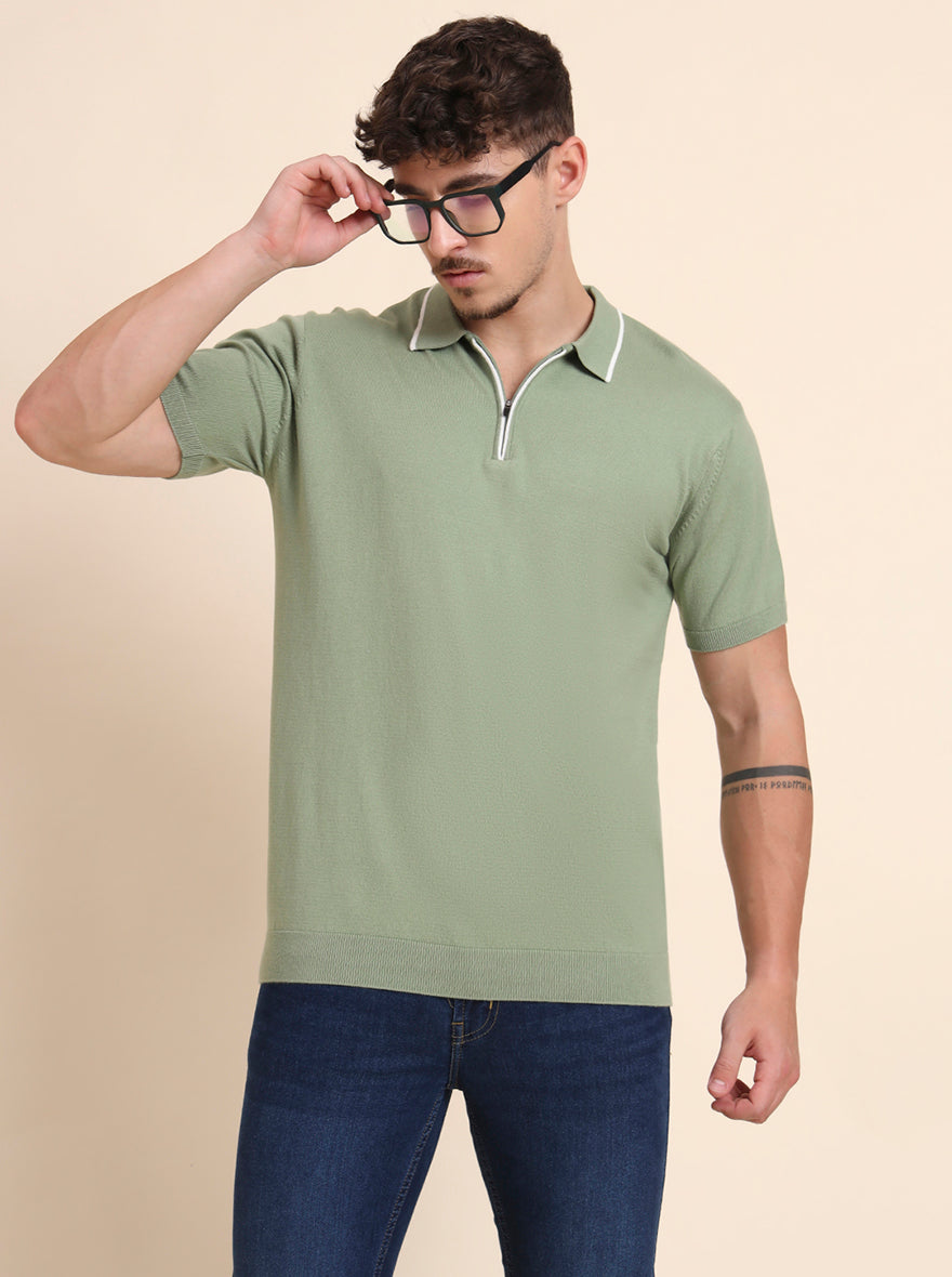 Green Solid Slim Fit Polo T-Shirt | JadeBlue