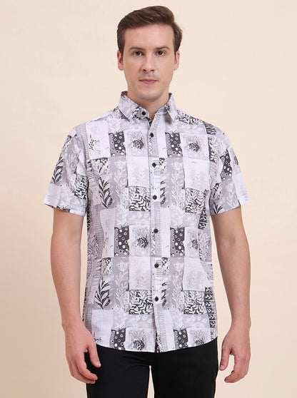 Grey Printed Slim Fit Casual Shirt | JadeBlue