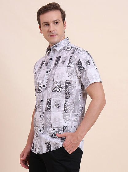 Grey Printed Slim Fit Casual Shirt | JadeBlue