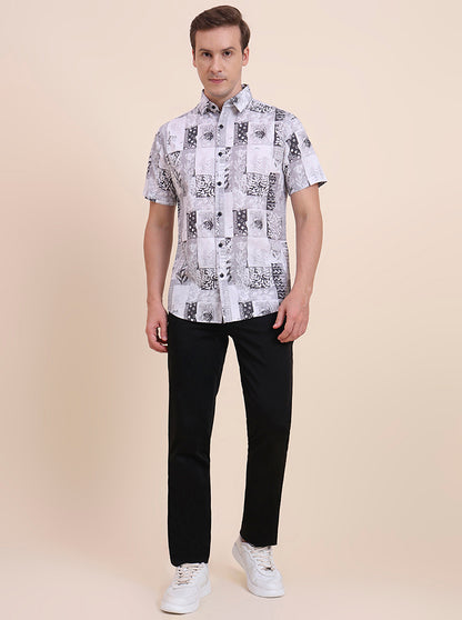 Grey Printed Slim Fit Casual Shirt | JadeBlue